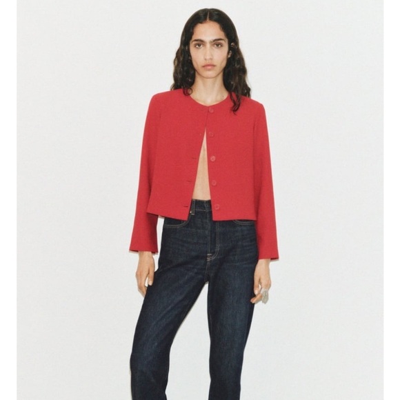 Zara Red Blazer Minimalist Collarless Design size XL new with tags - Picture 1 of 8